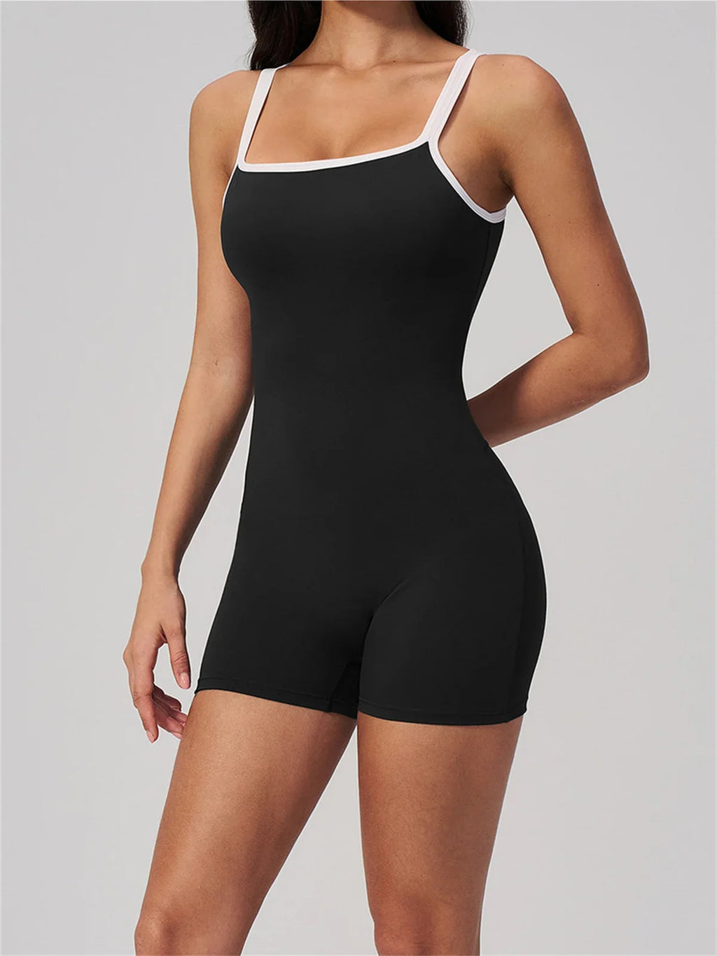 Tight Fitting One-piece Yoga Suit Women Color Bloack Square Collar Hollow Out Backless Butt-Lifting Gym Sports Short Jumpsuit