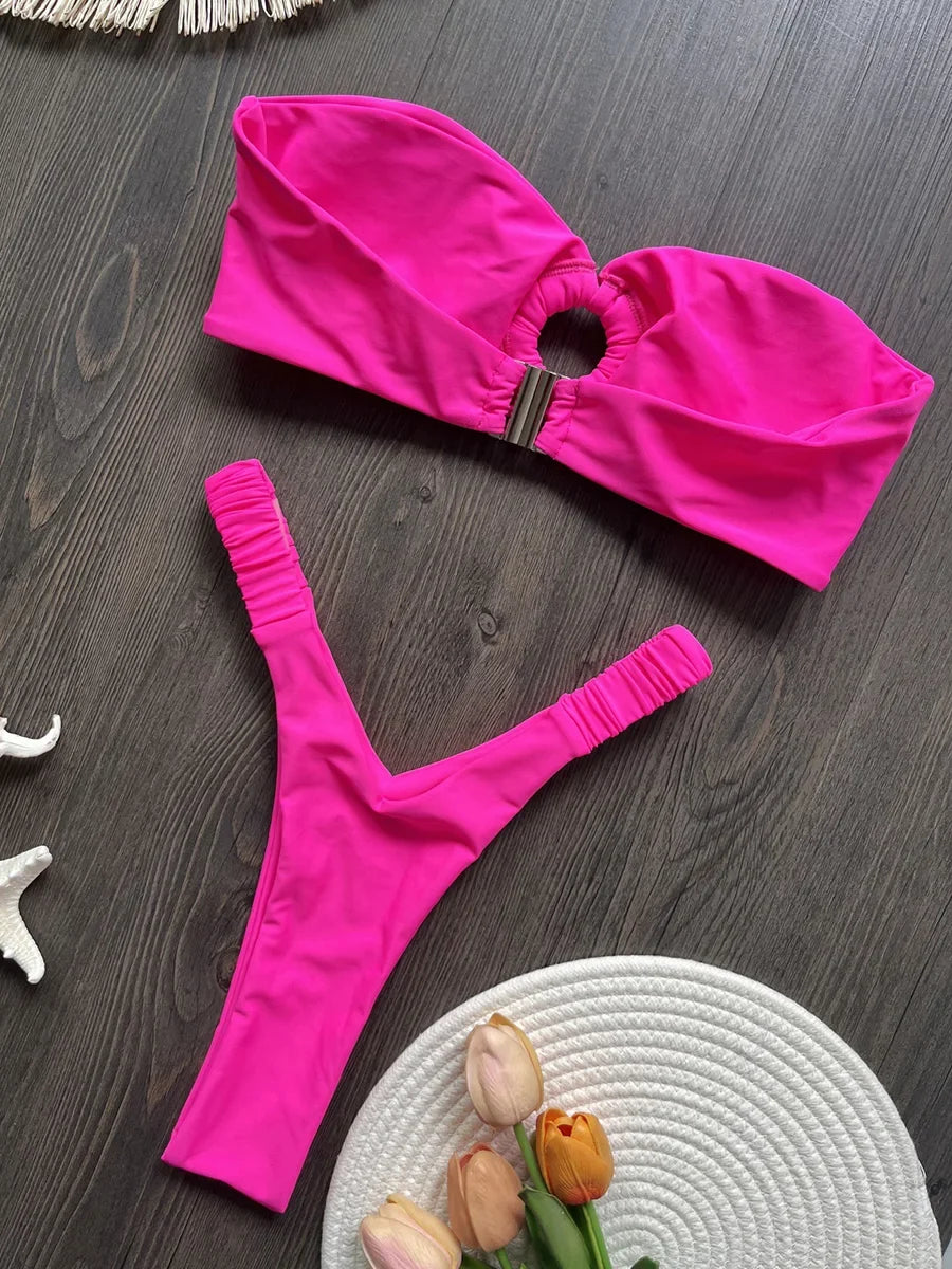 Wrinkled Bandeau High Cut Mini Thong Bikini Female Swimsuit Women Swimwear Two-pieces Bikini Set Bather Bathing Suit Swim Lady