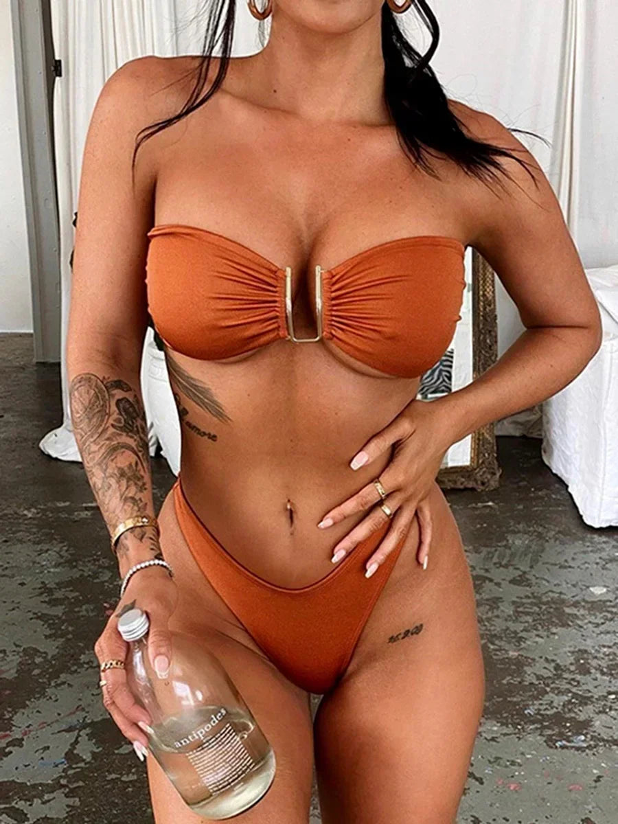 Bandeau Bikinis 2025 Strapless Satin Bikini Female Swimsuit Women Swimwear Two-pieces Bikini Set High Cut Bathing Suit Swim Lady