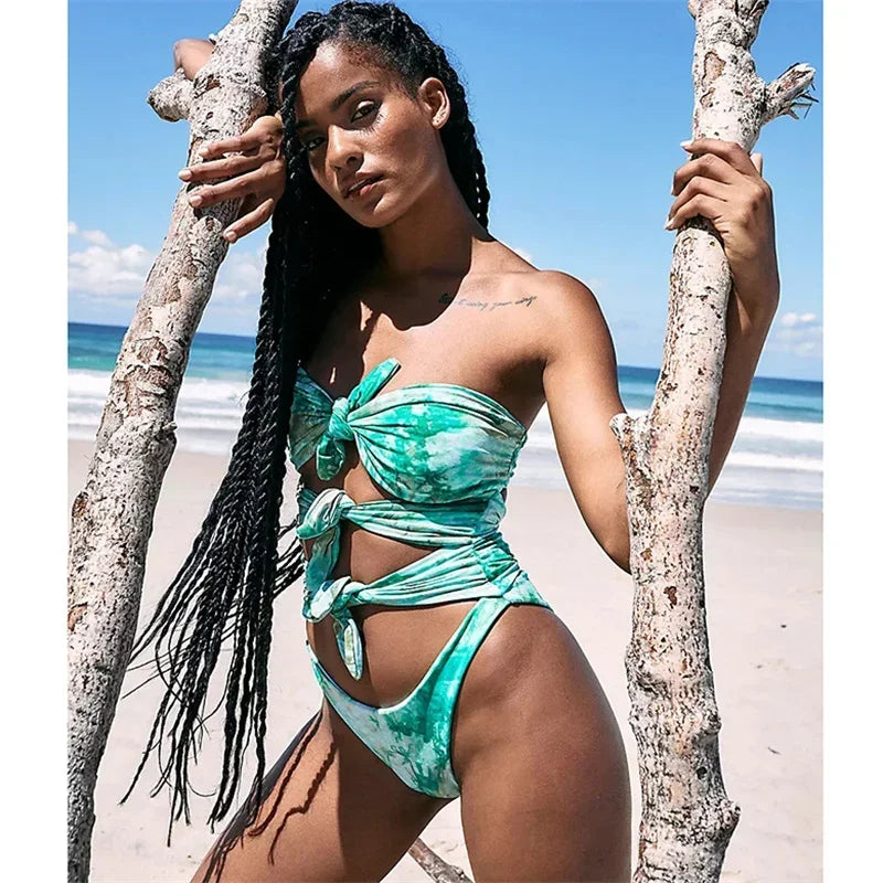2026 Sexy One Piece Swimsuit Swimwear Women Double Sided Green Print Hollow Knotted Bathing Suit Beachwear Trajes De Bano Mujer