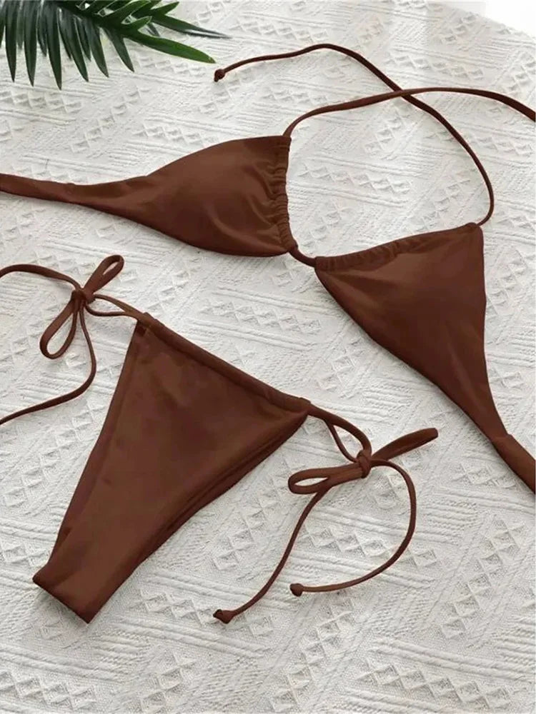 Sexy 12 Color Halter Mini Micro Thong Bikini Female Swimsuit Women Swimwear Two-pieces Bikini set Bather Bathing Suit Swim Lady