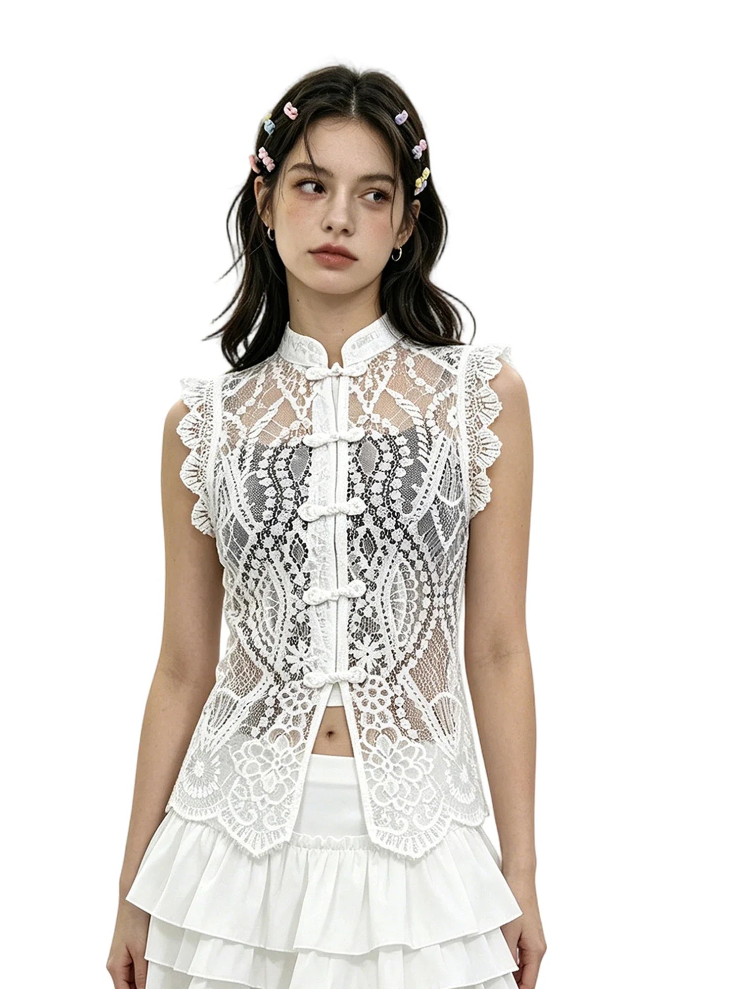 Women's Solid Color Lace Tank Tops Mandarin Collar Sleeveless Frog Buttons Summer Vest