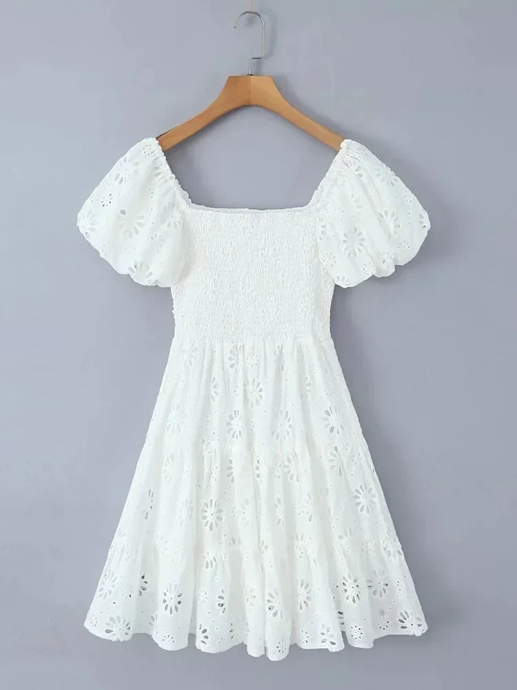 Puff Sleeve Cotton White Lace Dress Women Summer 2025 Square Collar Vintage Beach Short Dress Petite Flower Embriodery  Dress