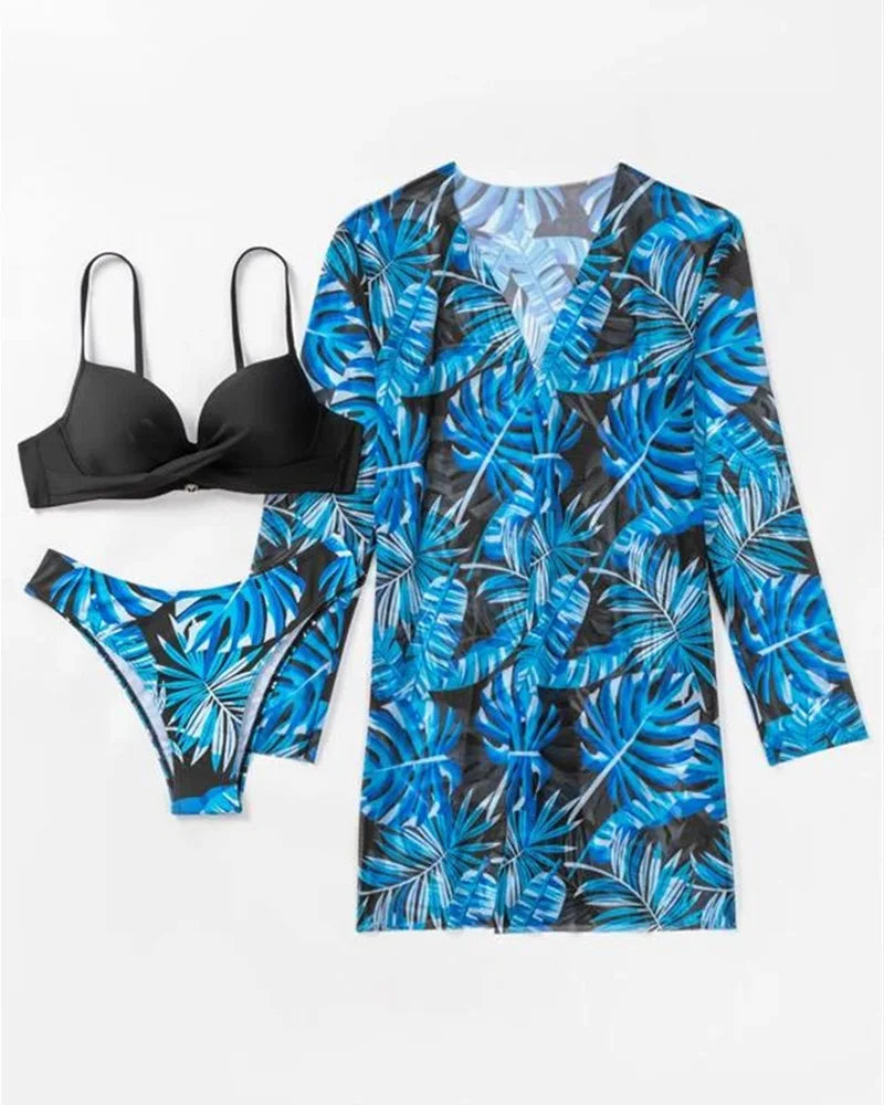 20 Colors Three Piece Bikinis Set Women Sexy Push Up Swimwear Swimsuit Plants Print Bathing Suit Bikini Cover Up Banadores Mujer