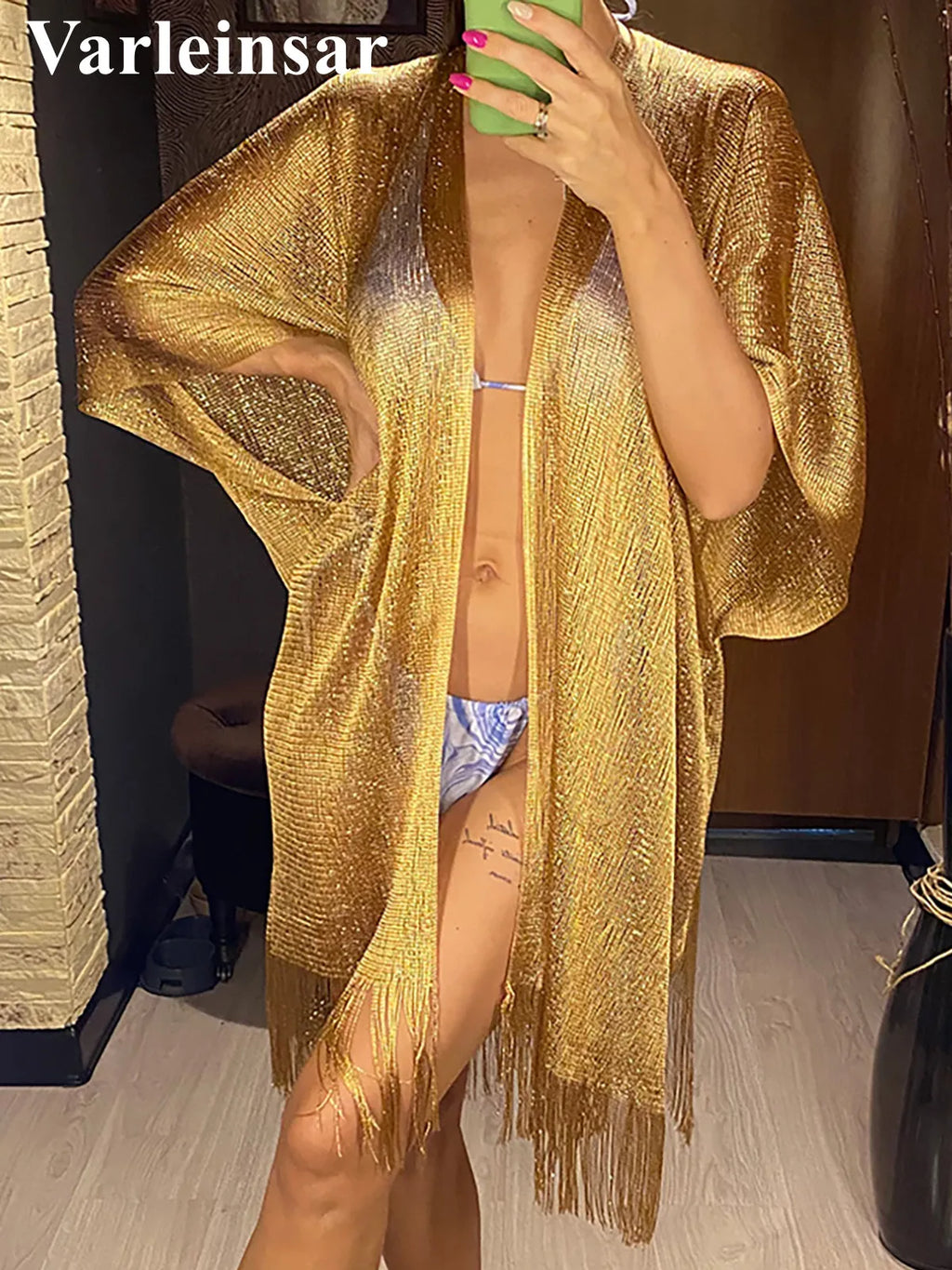 Sexy Fringe Tassel Mesh Sheer Shiny Knitted Tunic Beach Cover Up Cover-ups Beach Dress Beach Wear Beachwear Female Women V3321