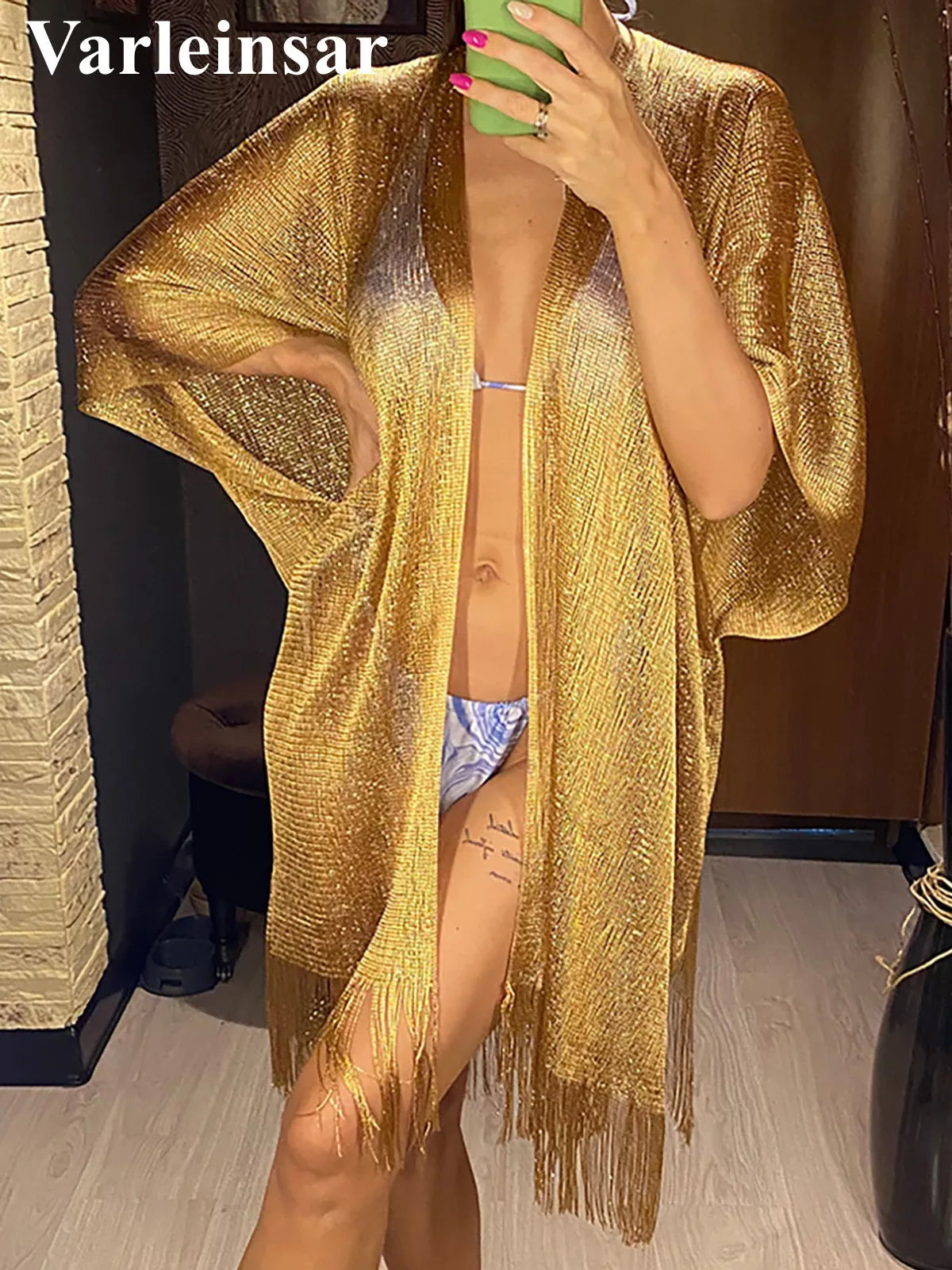 Sexy Fringe Tassel Mesh Sheer Shiny Knitted Tunic Beach Cover Up Cover-ups Beach Dress Beach Wear Beachwear Female Women V3321
