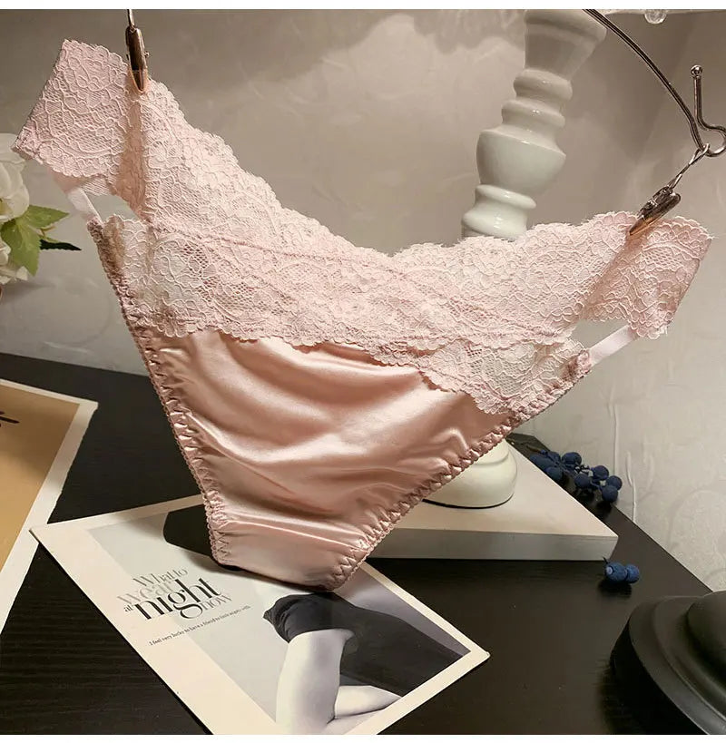 Women's Briefs Satin Lace Sexy Women's Underwear Low Waist Transparent Hollow Out Panties Breathable Soft Seamless Lingerie