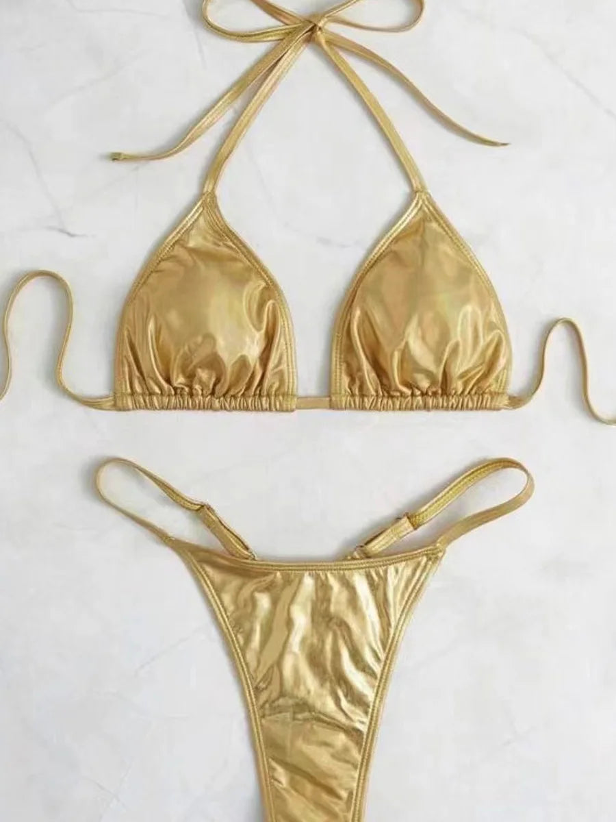 Halter PU Leather Extreme Mini Micro String Bikini Female Swimsuit Women Swimwear Two-pieces Bikini Set Thong Bathing Suit Swim