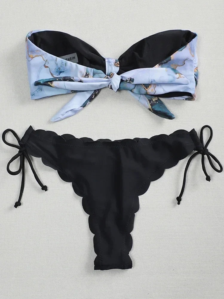 Sexy Scalloped Marble Print Bikini Women Bandeau Swimwear Female Swimsuit Two-pieces Bikini set Knotted Bather Bathing Suit Swim