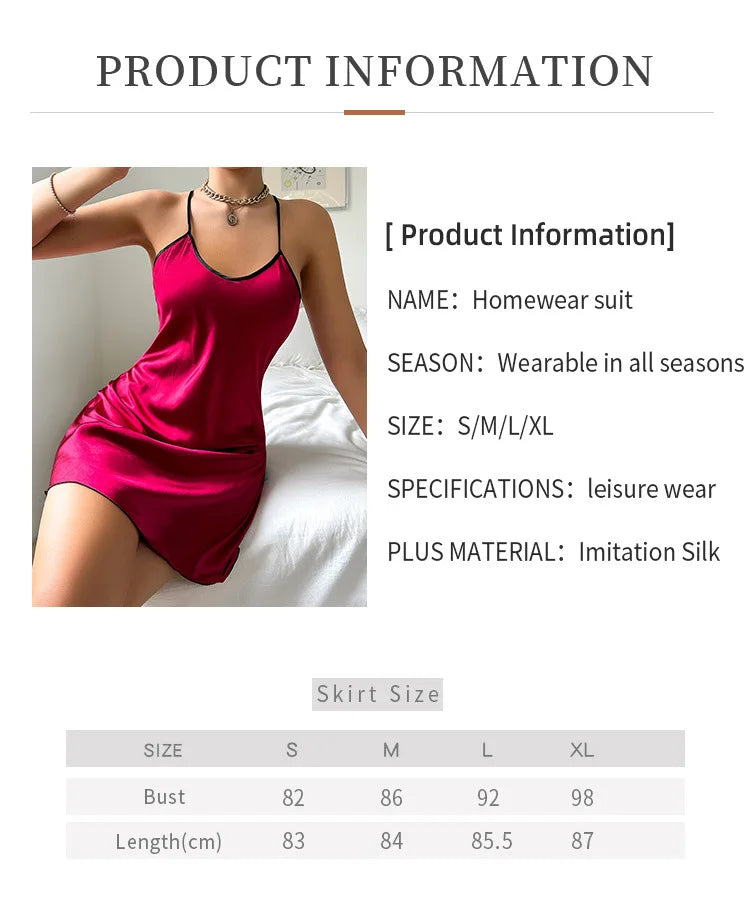 Full Transparency Back Heart Print Hot Women Nightdress V Neck Spaghetti Strap Sleepwear Romantic Home Wear Ice Silk Night Dress