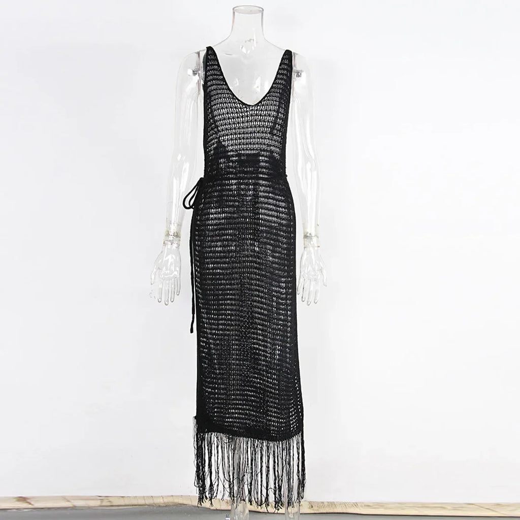 Sexy Fringe Tassel Knitted Crochet Tunic Beach Cover Up Women Long Dresses Cover-ups Beach Dress Beach Wear Beachwear Female