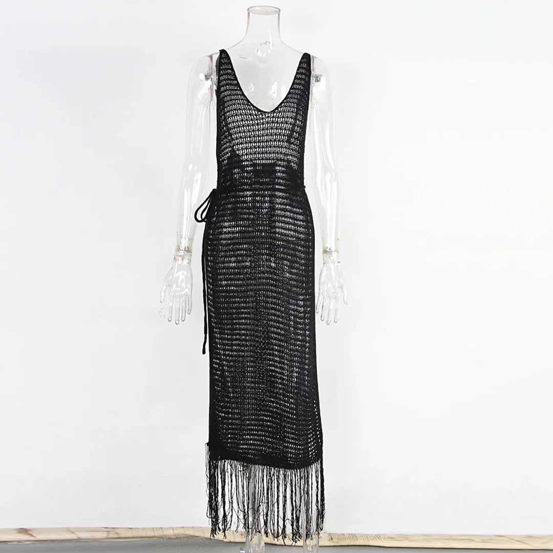 Sexy Fringe Tassel Knitted Crochet Tunic Beach Cover Up Women Long Dresses Cover-ups Beach Dress Beach Wear Beachwear Female