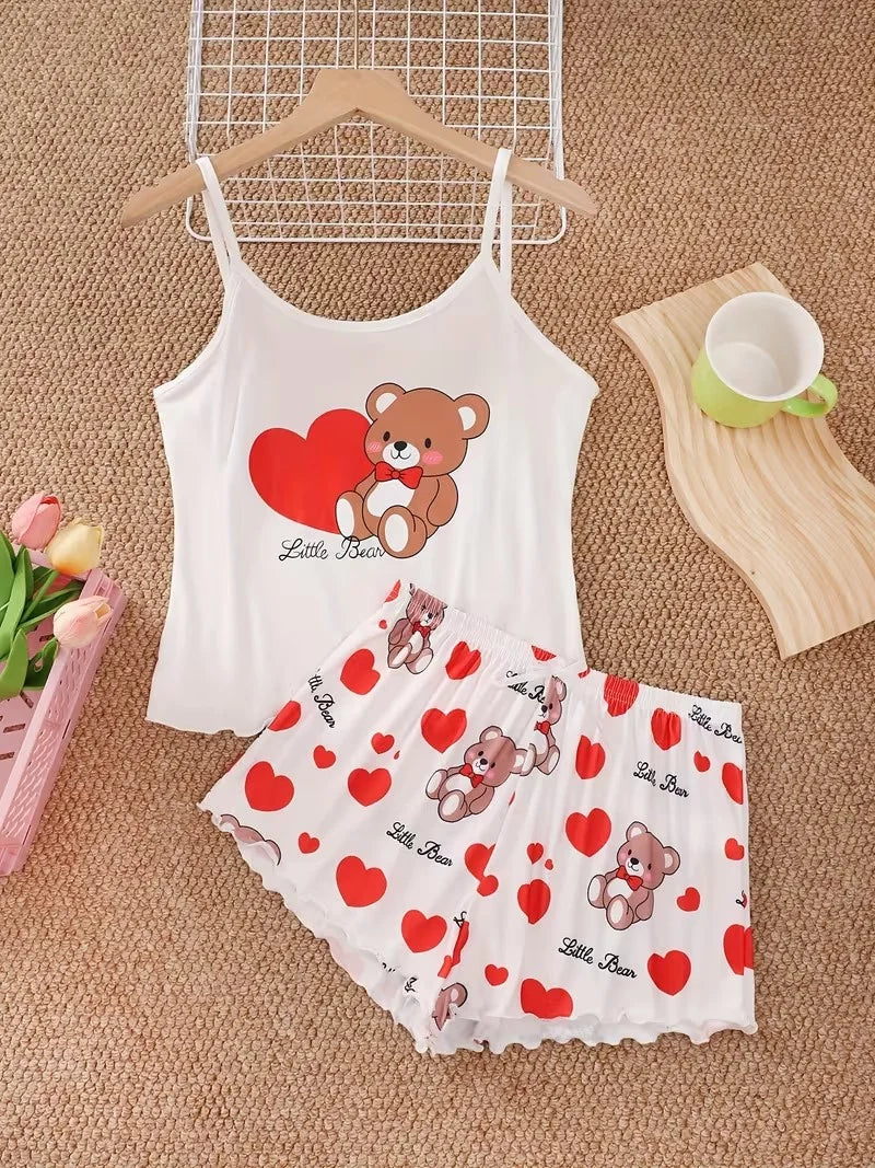Summer Cute Bear+Heart Print 2pcs Pajamas Set Women Homewear Camisoles Tops and Shorts Underwear Sexy Lingerie Sleepwear