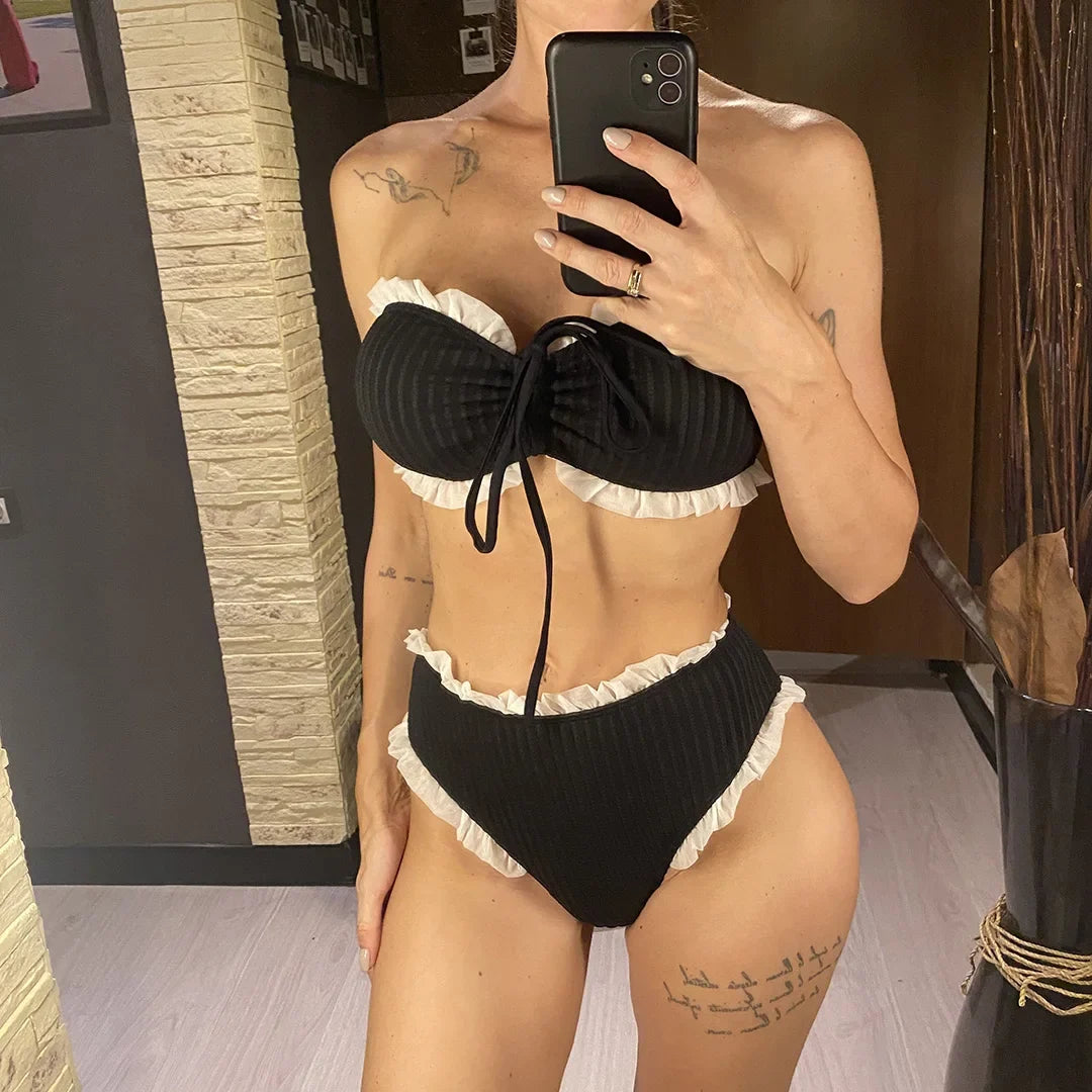 Bandeau Splicing Frilled Female Swimsuit High Waist Bikini Women Swimwear Two-Pieces Bikini Set Bather Bathing Suit Swim V7039
