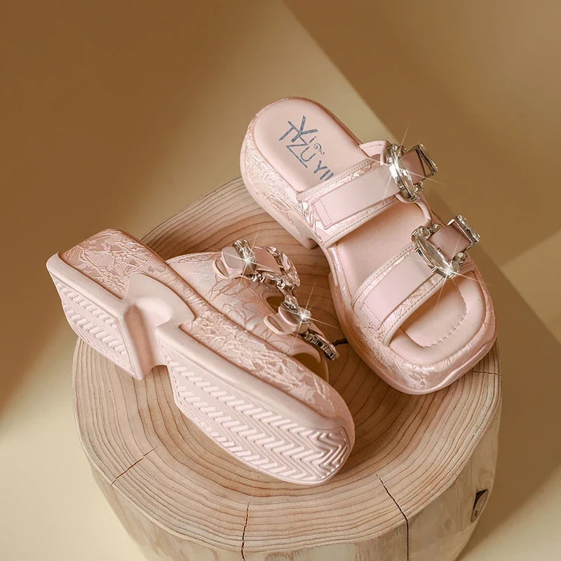 Luxury Rhinestone Thick Bottom Sandals Women 2026 New Silk Satin Embroidery High Heel Sandals Woman Summer Thick Heeled Slippers