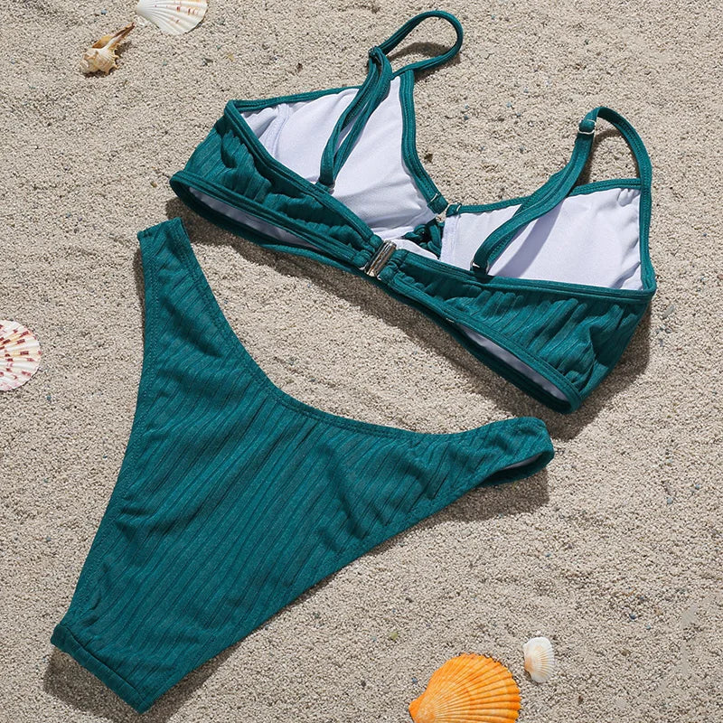 Ribbed Underwired V-Bar Bikini 2026 Women Swimsuit Female Swimwear Two Pieces Bikini Set Knotted Push Up Bathing Suit Swim Lady