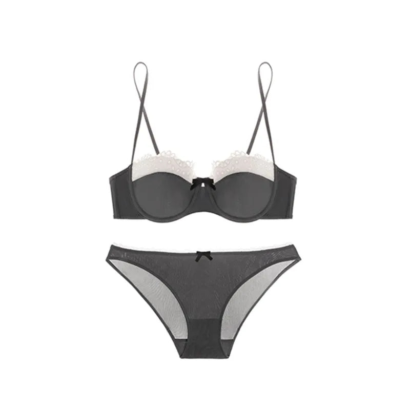 Women's Pure Sensual Lace Lingerie Set, Summer Thin Bralette Small Breasts Gather Push Up No Empty Cup Beautiful Bra Cover Set