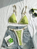 Sexy Khaki Patchwork Micro Bikini 2026 Women Brazilian Push Up Bra Metal Circle Thong Swimsuit Bathing Suit Holiday Swimwear