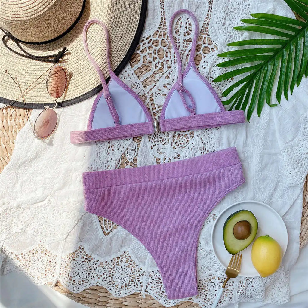 S - XL Sexy Female Swimsuit High Waist Bikini Women Swimwear Two-Pieces Bikini Set Ribbed Bather Bathing Suit Swim V2328