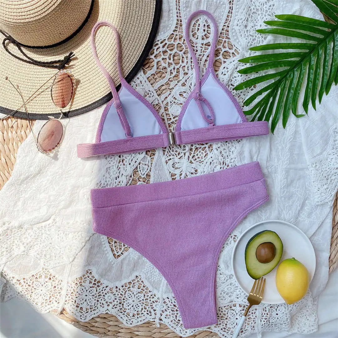 S - XL Sexy Female Swimsuit High Waist Bikini Women Swimwear Two-Pieces Bikini Set Ribbed Bather Bathing Suit Swim V2328