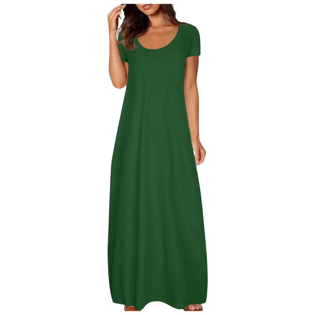 Casual Dresses For Teens Fashion Clothes Women Leisure Solid Color V Neck Short Sleeve Long Dress Casual Loose Sundress 2025