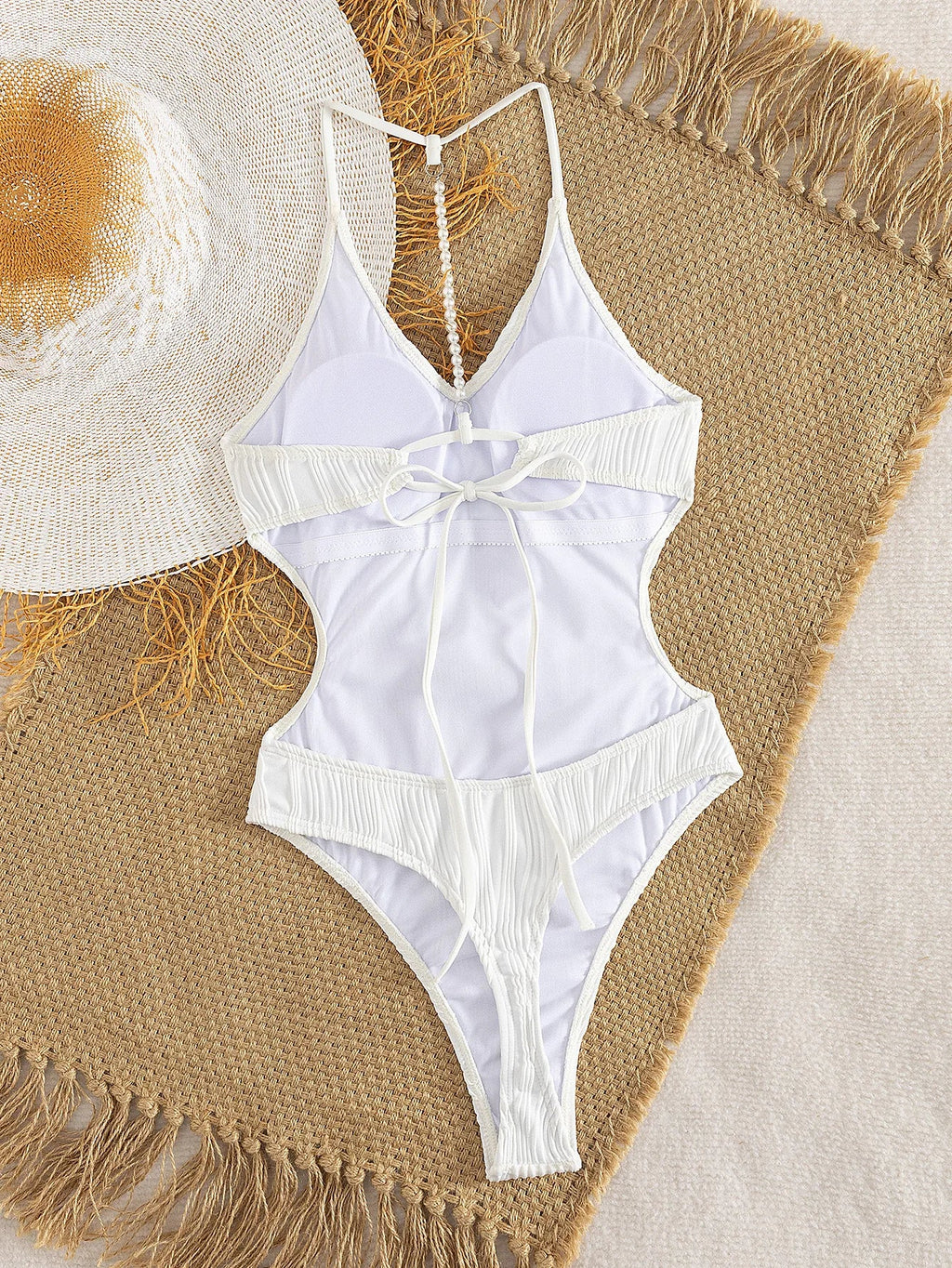 Sexy White Swimwear Women 2026 Pearls Hollow Out Backless Thong Bikini Ribbed Bathing Suit Holiday One Piece Swimsuit Monokini