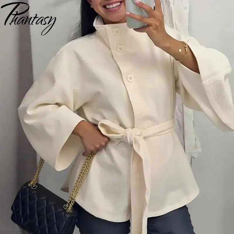 Phantasy Elegant Grey Lace Up Woolen Coats Women Stand Collar Full Sleeve Jackets Autumn Winter Outerwear Female Tops 2025