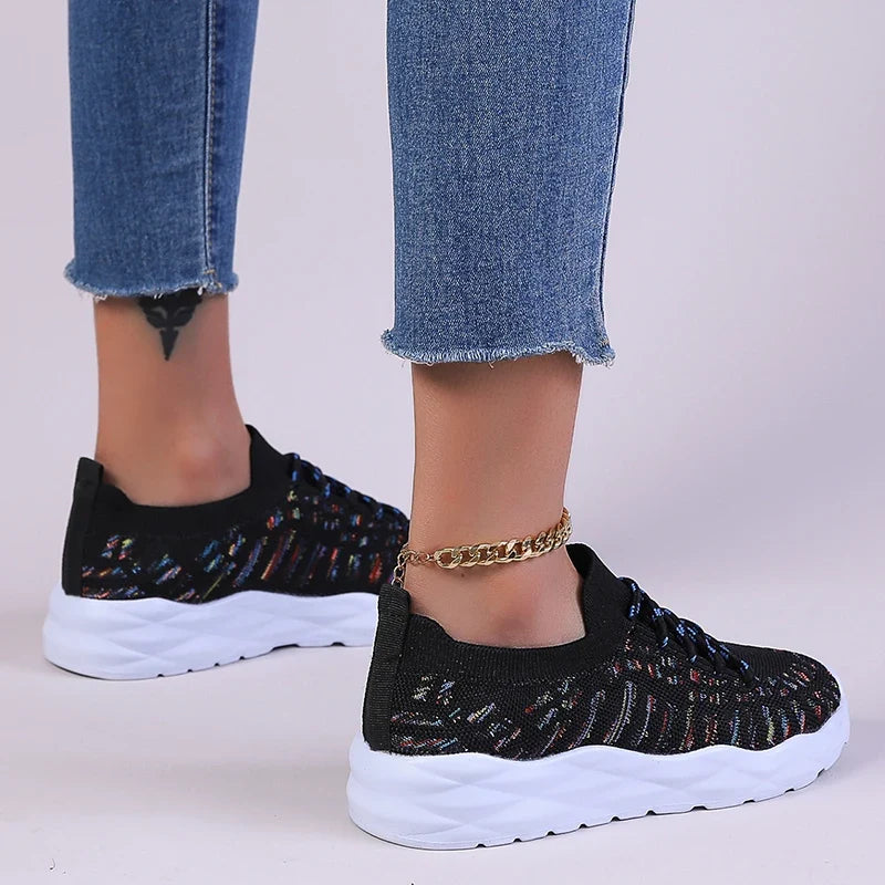 Mixed Color Knitted Platform Sneakers Women Spring Summer Casual Thick Sole Sports Shoes Woman Lace Up Non Slip Walking Shoes