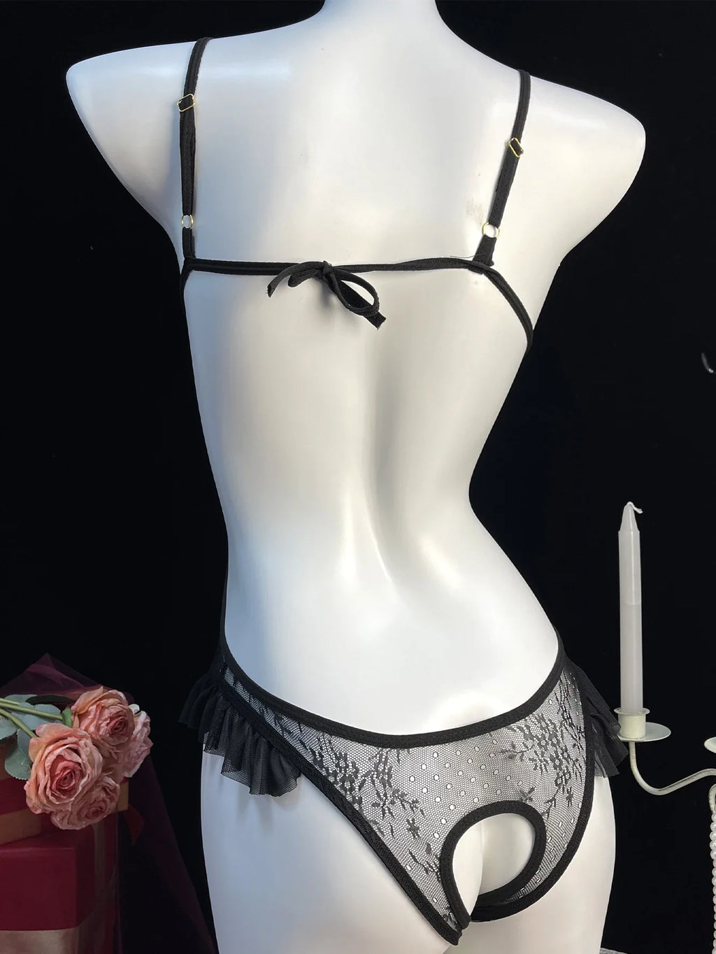 Crothless Sexy Lingerie Women Bodysuit Lace Underwear Transparent Hollow Out Fetish Babydoll Dress Open Croth Erotic Costume