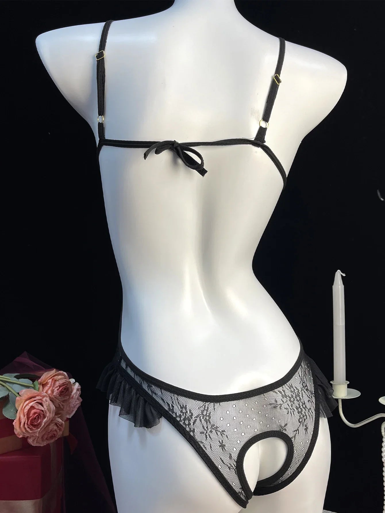 Crothless Sexy Lingerie Women Bodysuit Lace Underwear Transparent Hollow Out Fetish Babydoll Dress Open Croth Erotic Costume