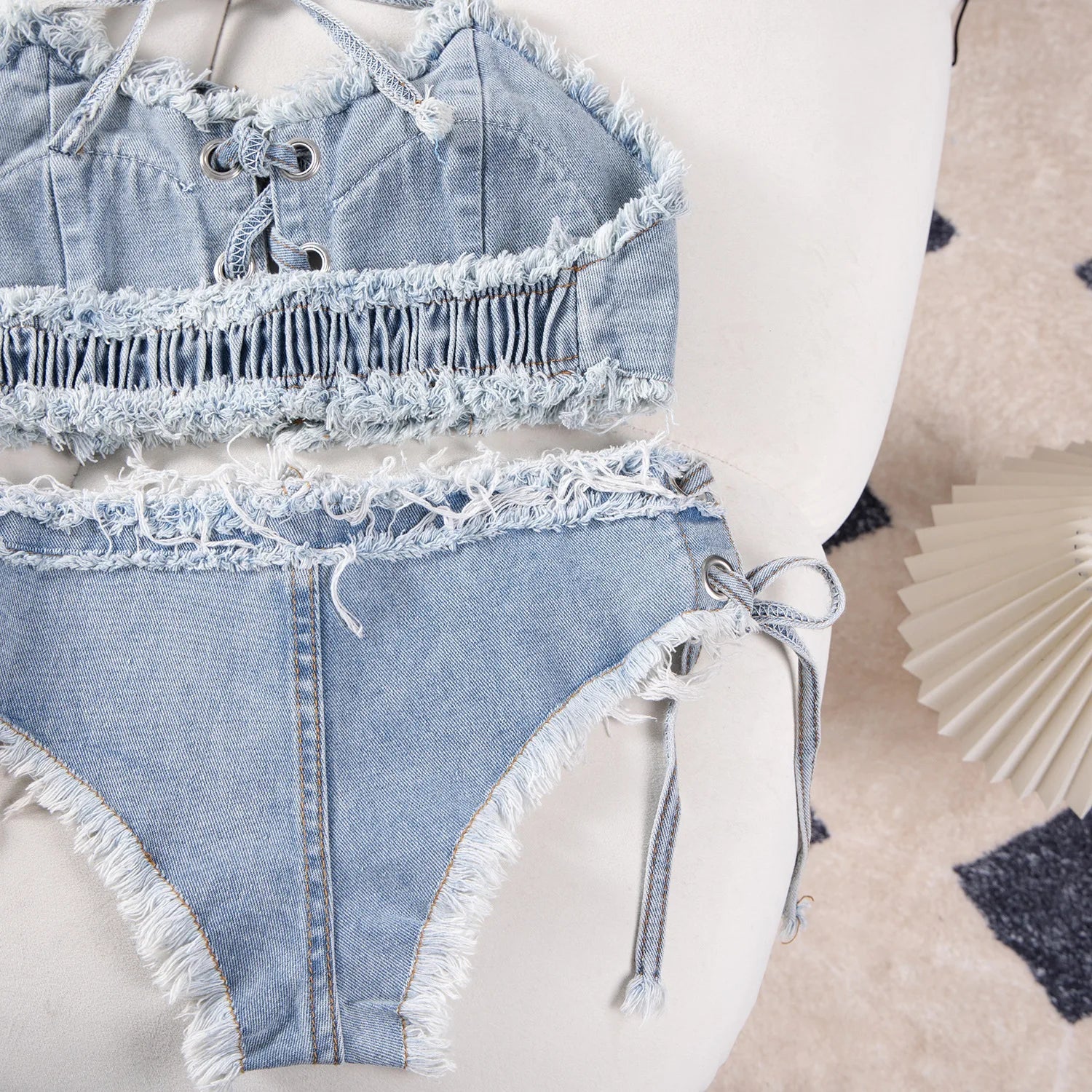 DEKA Retro Women Bikini Denim Suits Summer Halter Camis+ Mini Pant Lingerie Fashion Vacation Swimsuits Sexy Bra&Briefs Sets