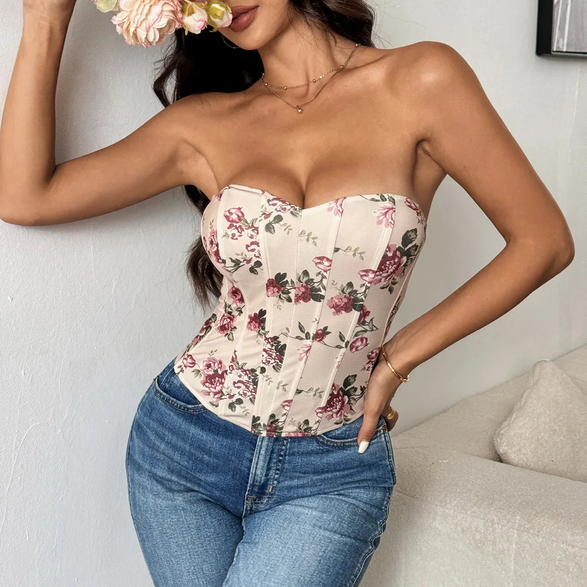 Summer Women Floral Y2K Crop Tops Printed Sleeveless Fishbone Corset Woman Sexy Backless Slim Strapless Streetwear Camisole