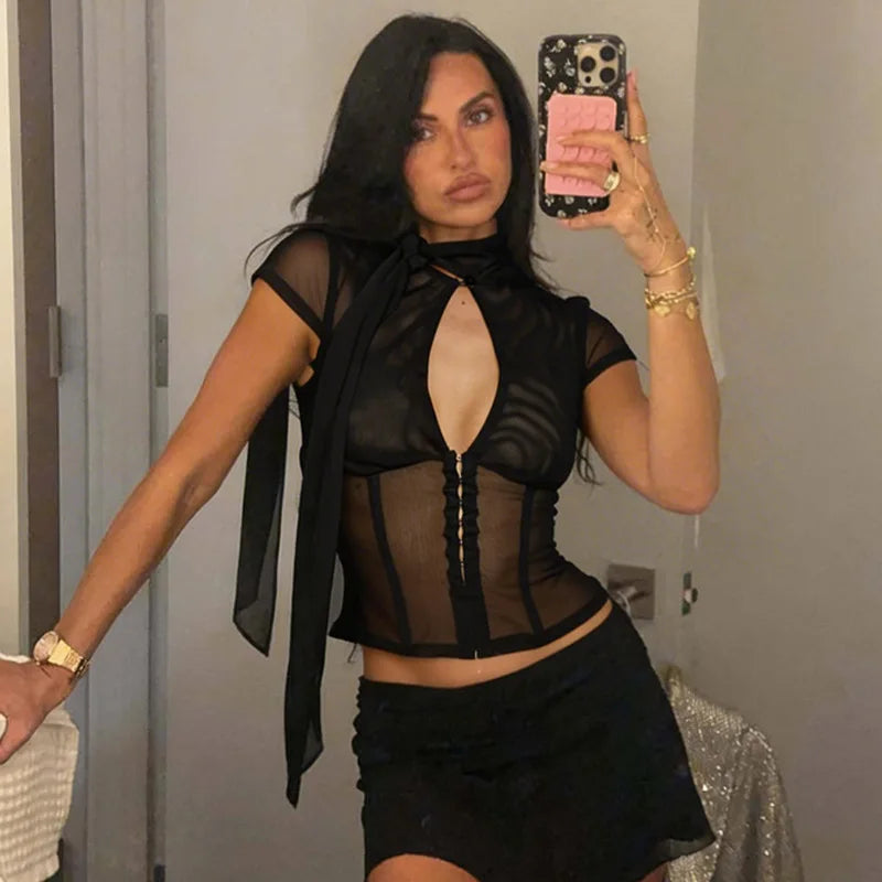Women Sexy Hollow Out Mesh T-shirts 2026 Summer Bandage Short Sleeve Black Corset Girls Slim Crop Tops T Shirt Party Streetwear