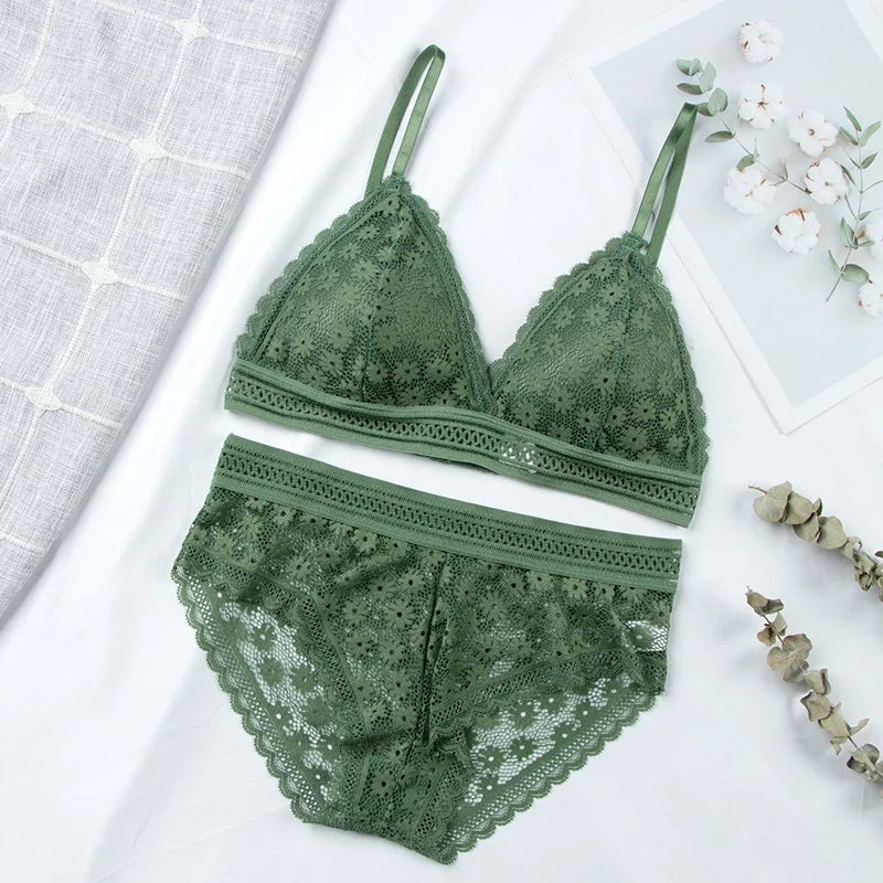 Women Floral Lace Bras Suit Solid Underwear Padded Breathable Vest With Briefs Sexy Hollow Out Bralette Thin Lingerie One Size