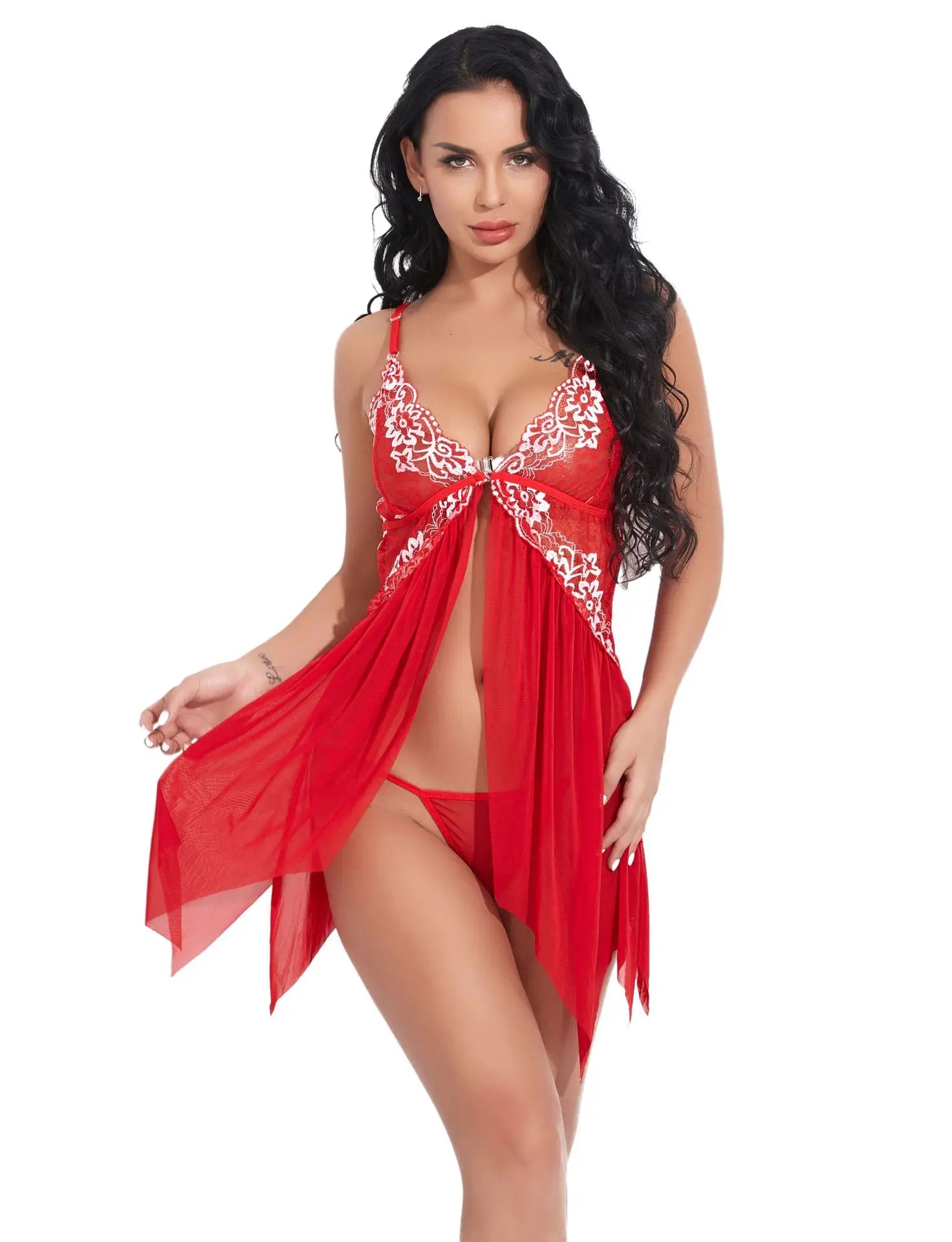 Toucheart Sexy Lingerie Set Women's Lace Nightgown Mesh See-through Suspender Dress Lace Patchwork Sexy Ultra Thin Pajama Set