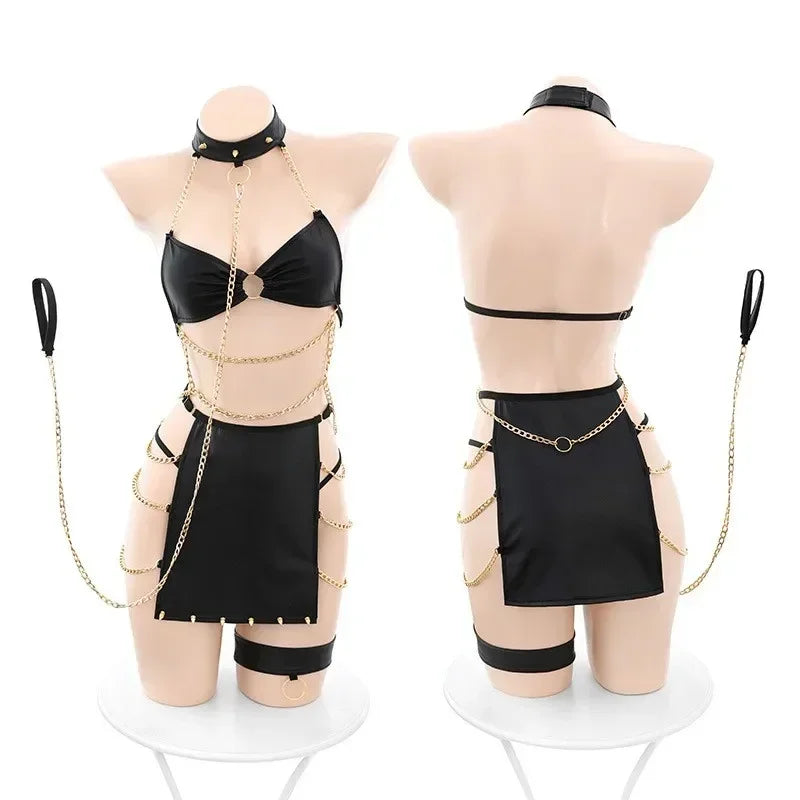 Women Sexy Lingerie Set PU Leather Dress Imitation Split Backless Gold Chain Bandage Bra Side-leaking Skirt Cosplay Costume