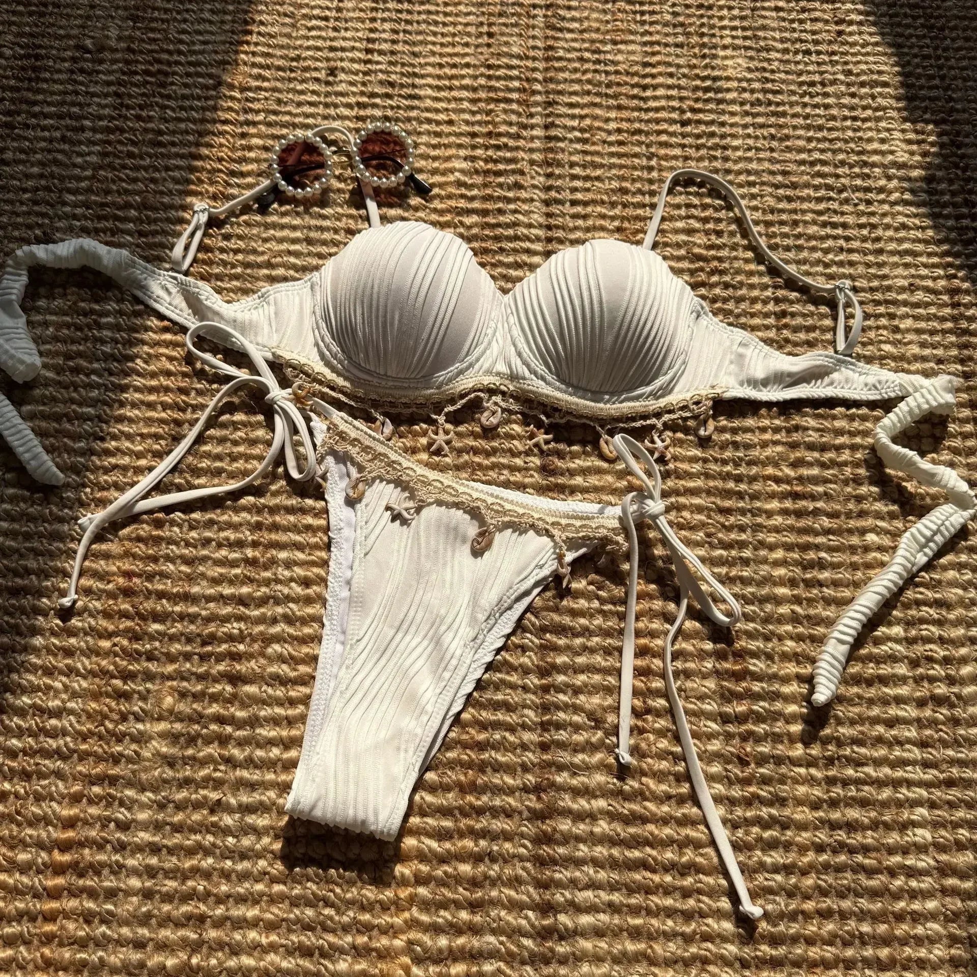 Sexy Ribbed Push Up Shell Pattern Bikinis Sets Two Pieces Plain Swimsuits Back Tie Swimwear Biquini Conjunto De Bikini Tankini