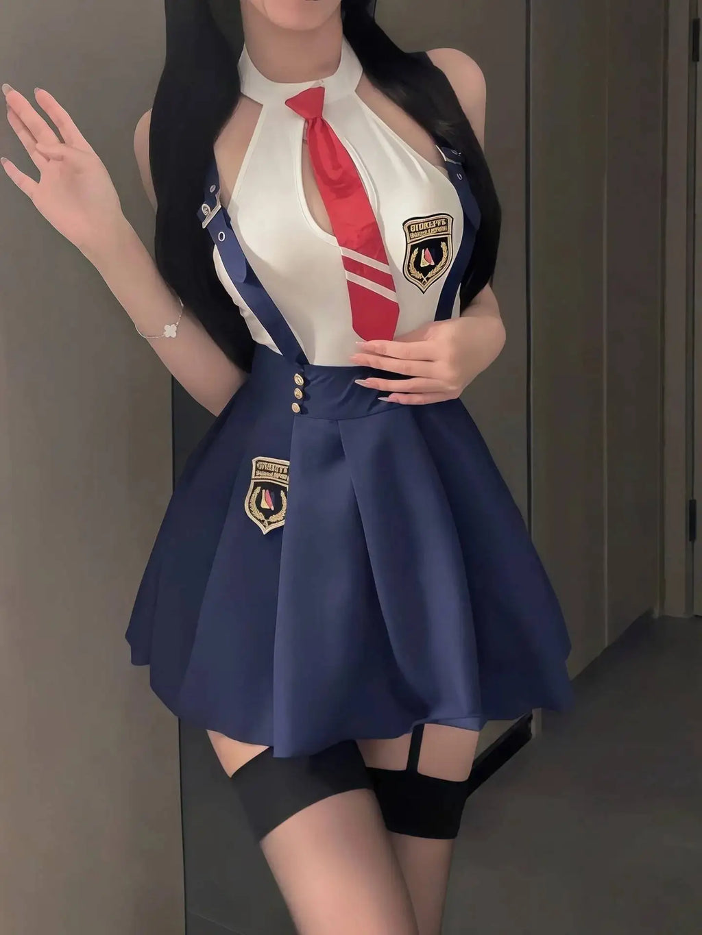Sexy Student Skirt Sets Hanging Neck Tie JK Campus Short Backless Deep V Suspenders Sleeveless Skirt Sets For Women Elegant EMYH