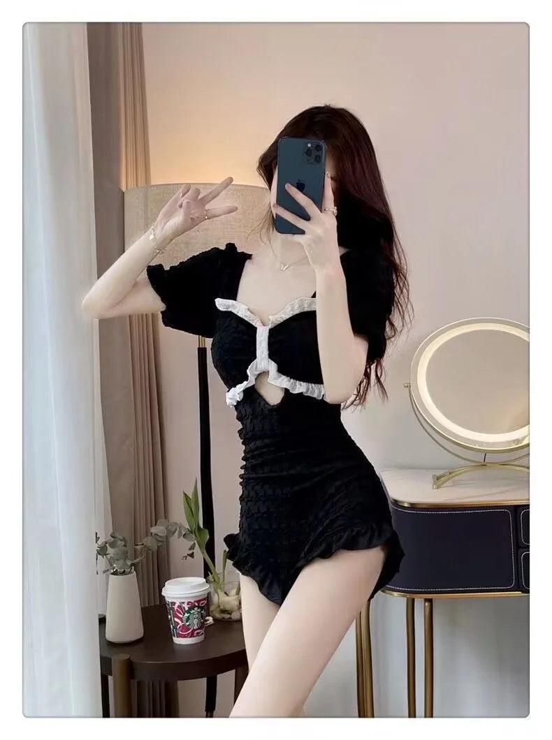Hot Selling Swimsuit Women's New Black One-piece Cover Belly Slimming Skirt Style Flat Corner Hot Spring Conservative Swimsuit