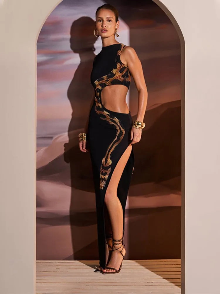 Snake Print Cut Out Slim Long Dress Women Fashion Sexy Package Hip Bodycon Slit Sleeveless Dresses Club Party Vestidos 2025 New