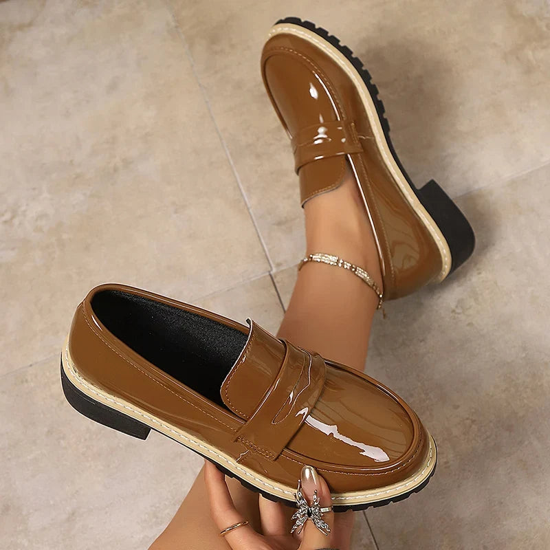 Patent Leather Thick Heels Loafers Women Spring New Mixed Color Med Heel Office Pumps Woman Plus Size 43 Slip On Single Shoes