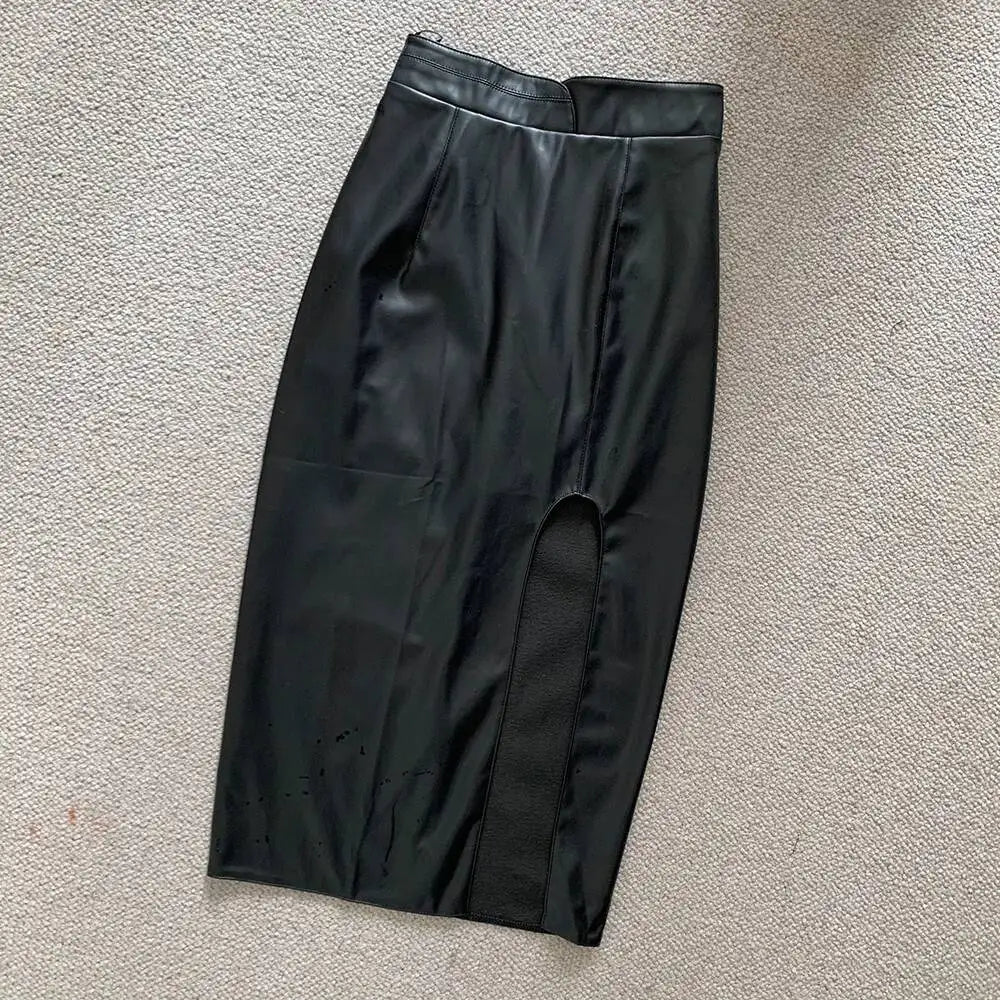 WOMENGAGA High Waist Slim Side Split PU Leather Skirt For Women Spring/Summer Irregular Split One Step Skirt Mid Length 761R