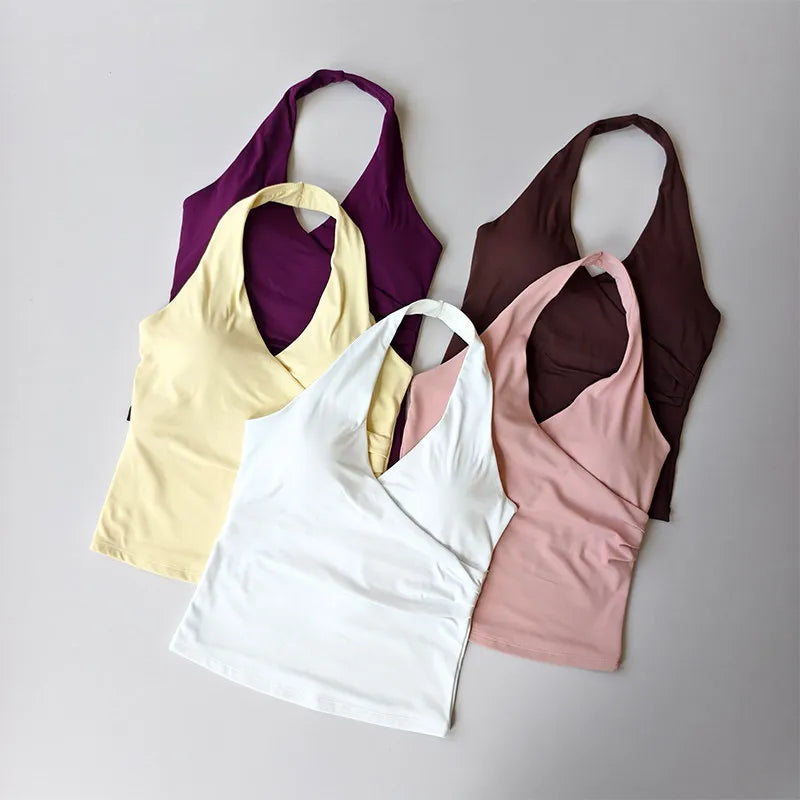 Sexy V-neck Cross Halter Neck Yoga Vest Sleeveless Sports Bra with Chest Pad Naked Sense Fitness Top with Beauty Back Design for