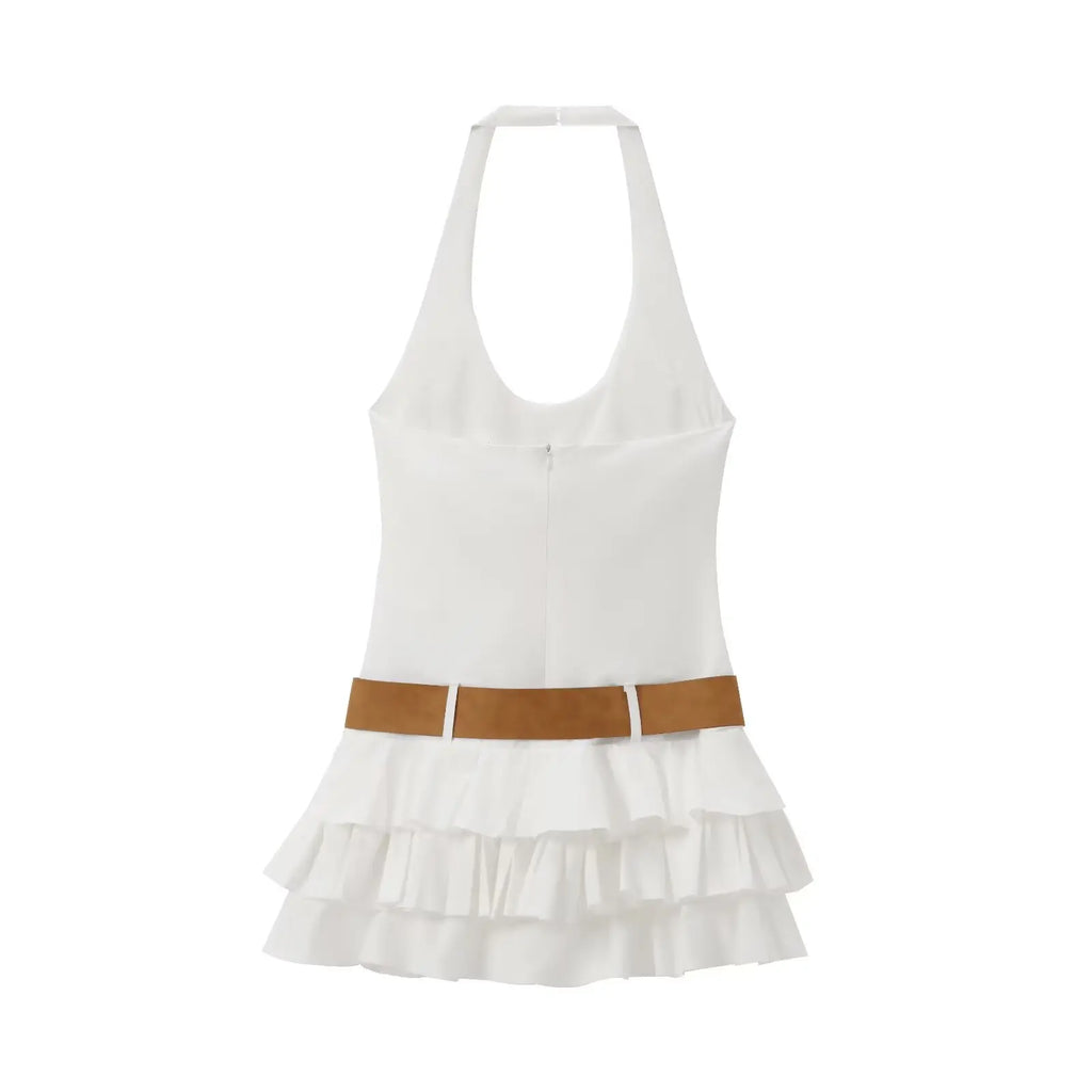 Halter Backless White Summer Women's Dress Sleeveless Beach Boho Short Mini Tierred Dresses with Shorts New Dress with Belt