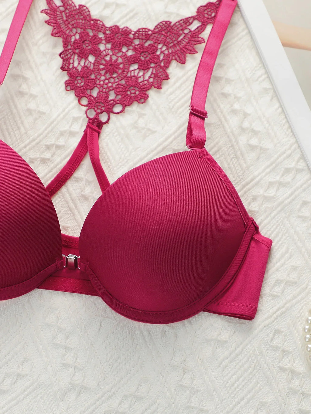 Women's Front Buckle Design Underwear Set Sexy Lace Rear Underwear Pulling Up Bra Black+Wine Red 2-piece Set A2130