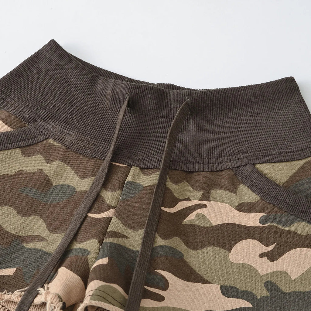 New American Style Camouflage Shorts Washed Frayed Drawstring Elastic Waist Patchwork Sexy Bodycon Hot Pants Shorts Elegant IHOH