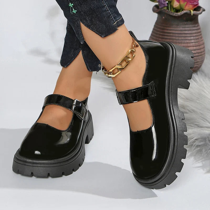 Patent Leather Thick Sole Mary Jane Shoes Women 2025 Ankle Buckle Platform Pumps Woman Round Toe High Heel Lolita Shoes Female