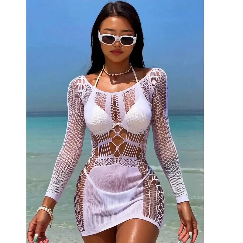 Women Sheer Mesh Long Sleeve Beach Cover Up, Sexy See-Through Fishnet Dress, Solid Bodycon Dress For Summer Beach Party