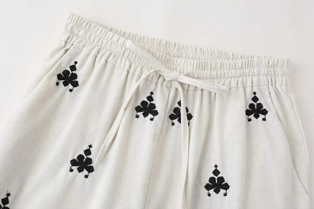 Foridol Geometric Pattern Embroidery Long Pants Women Wide Leg Beige Casual Summer Pants Elastic Waist Drawstring Pants 2025