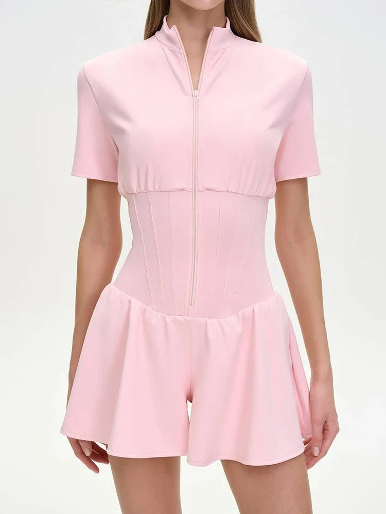 FDYOUI New 2026 Summer Zip-up Corset Playsuits Women Casual Short Sleeve Sports Fitness Overalls One Piece Tunics Yoga Bodysuit
